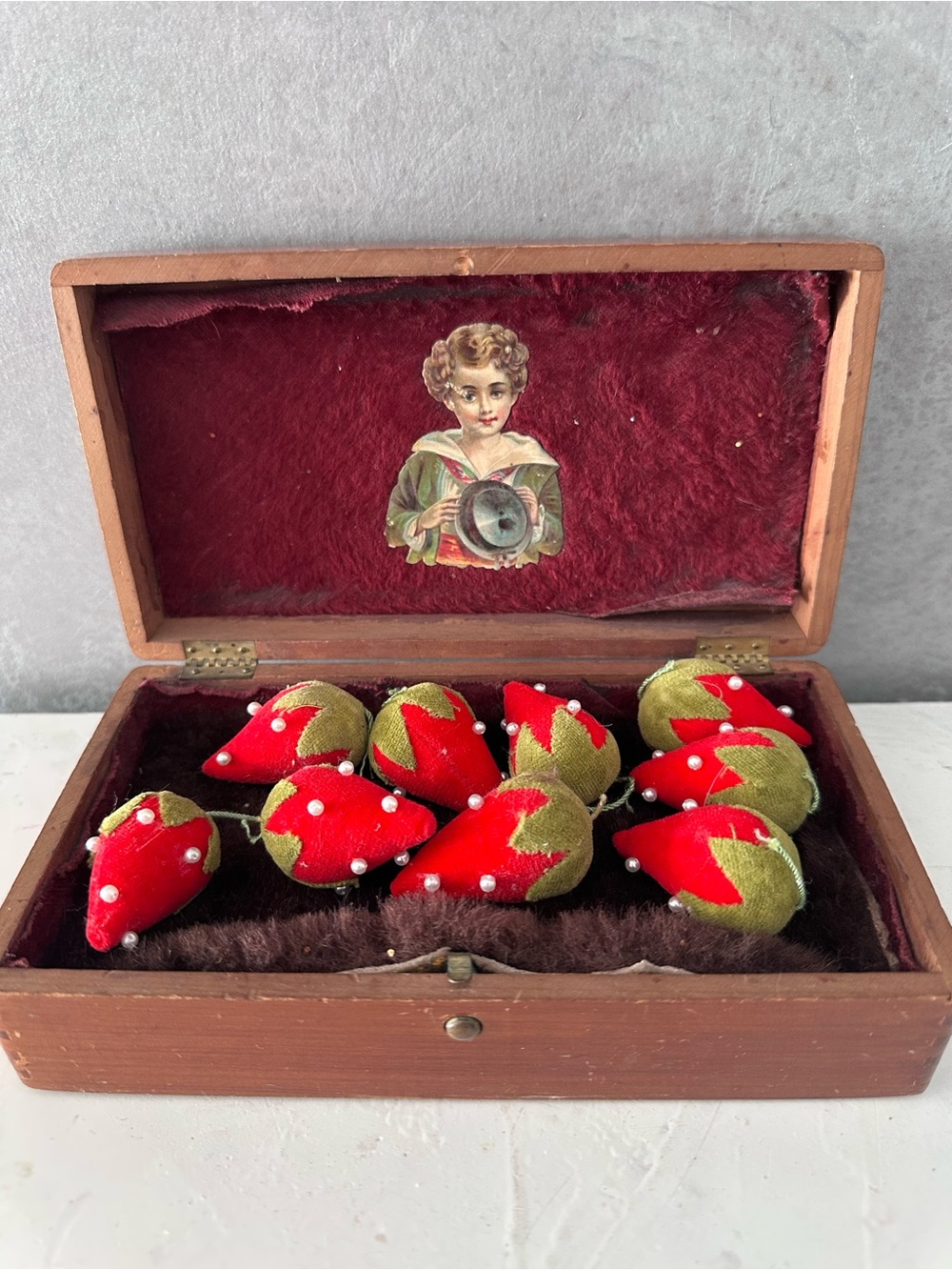 ANTIQUE VICTORIAN SEWING BOX WITH HANDMADE STRAWBERRIES